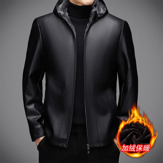 JOEONE 2025 Autumn and Winter Fur One-piece Stand Collar Hooded Leather Jacket Men's Velvet Thickened Casual Leather Jacket Black M