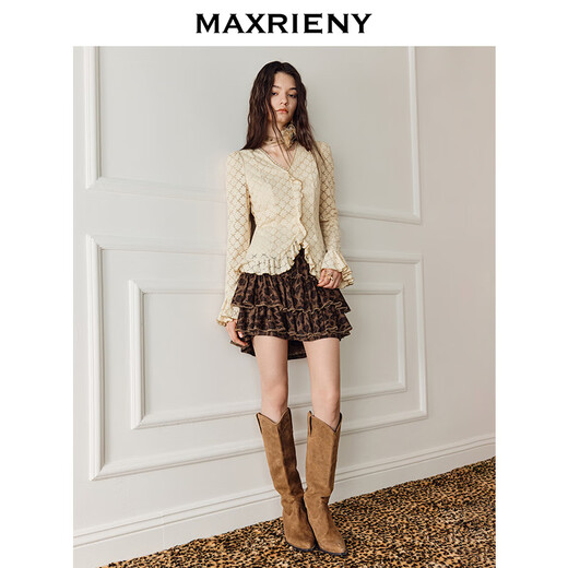 MAXRIENY Shopping mall same style French retro knitted lace shirt women's 25 winter slim long-sleeved top cream S