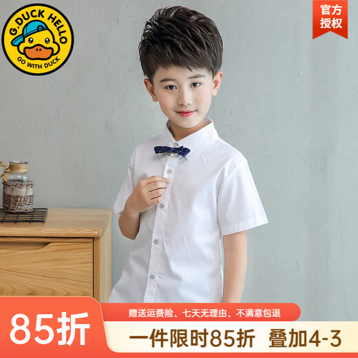 G.duck children's white shirt short-sleeved summer thin pure cotton bottoming shirt casual and handsome middle-aged and older student boy class uniform white (tie style) 130 recommended for a height of around 120