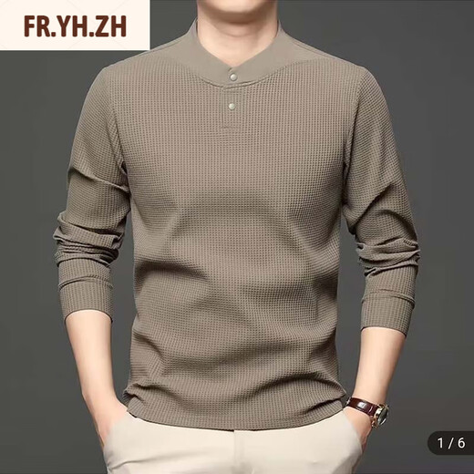 FR.YH.ZH Meng Hui Haowu's preferred round neck button top autumn and winter men's long-sleeved T-shirt Henry collar sweatshirt warm base shirt G111-Coffee M Recommended 100-120Jin Jin equals 0.5 kg