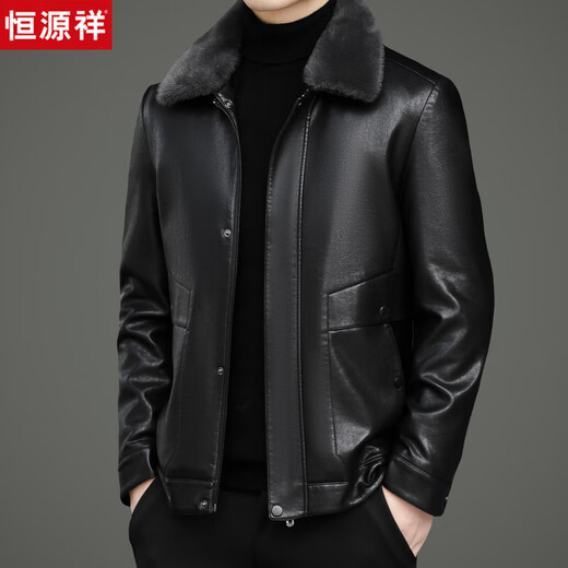 Hengyuanxiang Men's Leather Jacket with Velvet and Thickened Winter Fur All-in-one Removable Liner Dad Thickened Leather Jacket Jacket Black M 170 Recommended 95-115Jin Jin is equal to 0.5kg