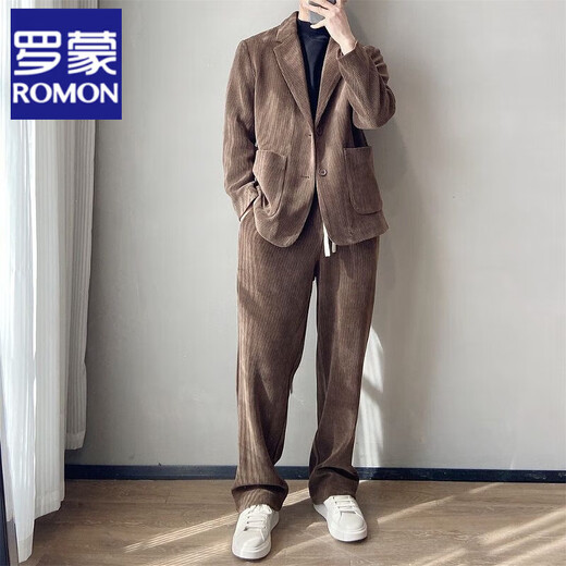 ROMON Hong Kong style light familiar corduroy drape suit suit men's jacket casual loose striped high-end two-piece suit gray 2XL
