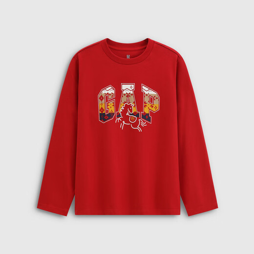 GAP (GAP) 2025 winter new printed logo cotton round neck long-sleeved T-shirt for boys and girls children's tops 829553