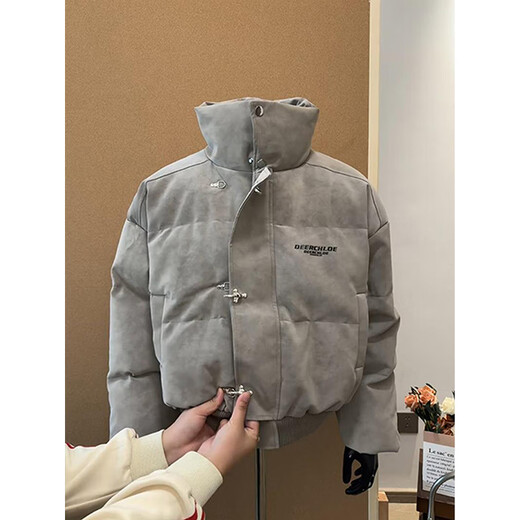 Katuchi tie-dyed PU leather down jacket men's winter thickened cotton coat high-neck cotton coat American trendy brand short cotton jacket gray XL