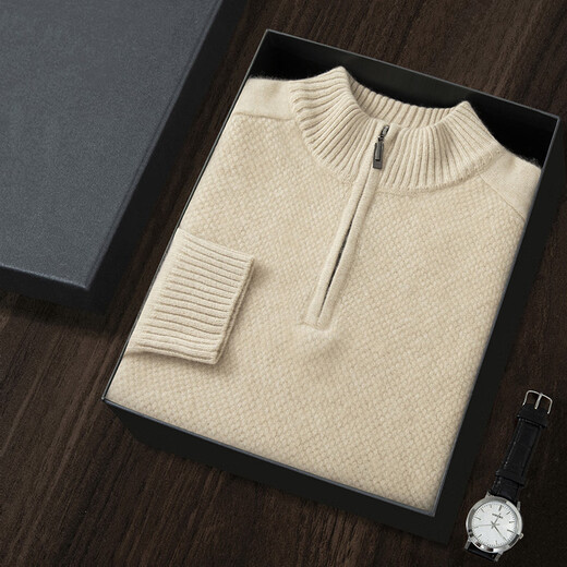 XJSGS international high-end brand half-zip cashmere sweater for men with cashmere sweater winter new bottoming middle-aged sweater high-end sky blue counter same style plus velvet winter style XL