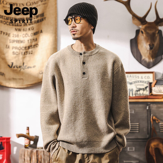 JEEP SPIRIT high-end American retro sweater men's winter new Henry collar 630g heavyweight thickened sheep wool sweater men's khaki 630g heavyweight XL suitable for 145-160Jin Jin equals 0.5 kg