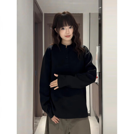 Huazhenmian (HUAZHENMIAN) velvet white floral gray Henry collar long-sleeved POLO shirt men's style handsome shoulder T-shirt American splicing sweatshirt white gray regular M