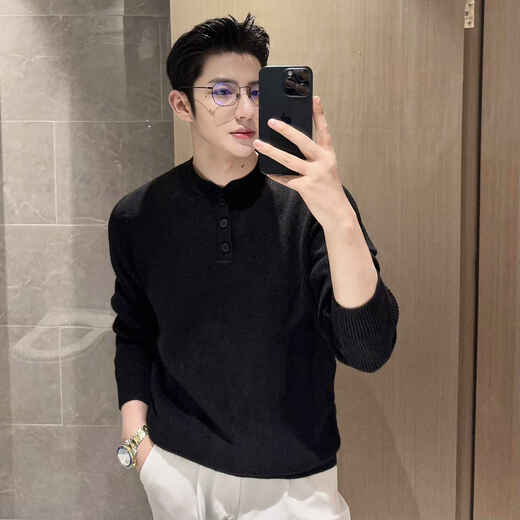 Kuraishi Kazuki gray lazy style Henry collar sweater men's pullover sweater light luxury handsome men's bottoming shirt black S