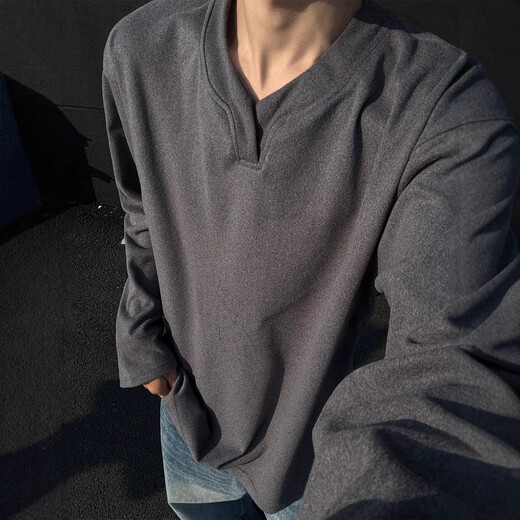 Heavyweight German velvet V-neck long-sleeved T-shirt men's autumn and winter cleanfit American fashion brand inner layering shirt sweatshirt Henry Black M