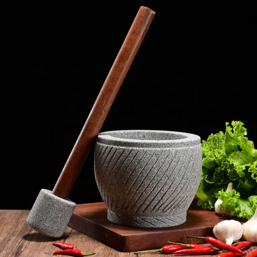 Extra large rice cake making garlic pounder stone garlic mortar grinder stone nest making rice cake peeling garlic garlic press pair nest Shandong gray polished diameter 20 cm bowl with wooden hammer