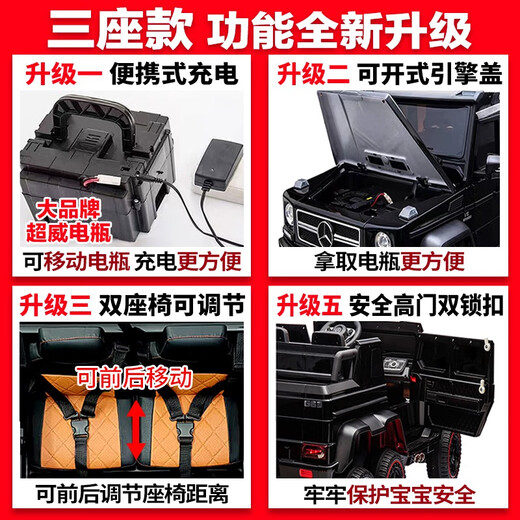 Highway 1 Mercedes-Benz children's electric car big G four-wheel car baby toy car can sit adults boys and girls remote control off-road vehicle six-wheel drive painted bright black soft wheels can seat three people (two children + one person) + dual oil electric drive