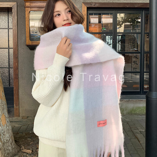 Fat Donglai's same style warm winter thickened scarf soft waxy white purple mohair winter scarf for girls thickened Yunshu plaid