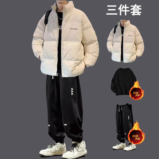 Star Reaching Boys Winter Cotton Warm Jacket Casual Boys Loose Trendy Cotton Jacket Paired with Velvet Pants Handsome Cotton Jacket Set 3-piece Cotton Jacket Black + Velvet Sweatshirt Black + Velvet Pants Black XL