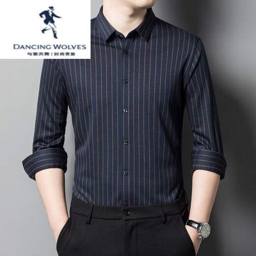 DANCING WOLVES far infrared heating wool shirt men's spring and autumn business casual long-sleeved striped shirt medium blue S 165