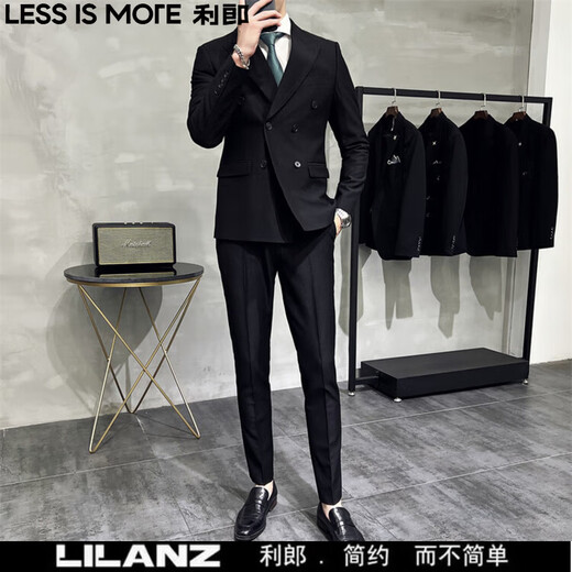 LESS IS MORE Autumn and Winter Korean Slim Suit Suit Two-piece Men's Casual Light Mature Style Men's Small Suit Handsome Jacket Trendy Black XL
