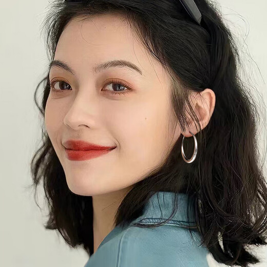 Puman Zhuji 999 sterling silver ear needle Xu Yan's same large circle plain hoop earrings wide ear stud earrings 2025 new earrings 999 silver needle fat hoop earrings 3CM low-key beauty