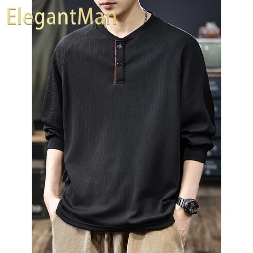 ElegantMan American classic textured striped sweatshirt for men 2025 autumn new loose Henry collar long-sleeved bottoming shirt black M _Suitable_-125Jin Jin is equal to 0.5 kg