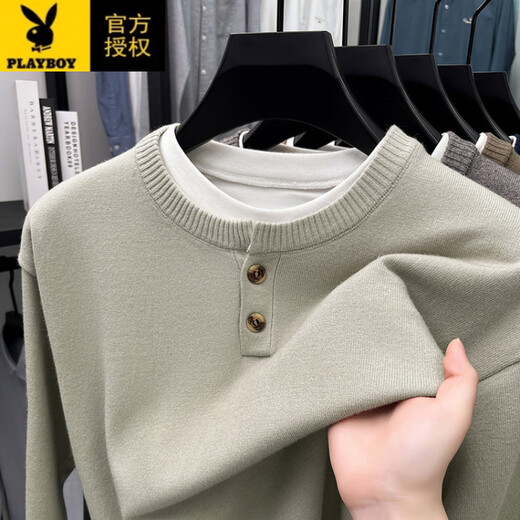 Playboy (PLAYBOY) Heavy Duty Fake Two-Piece Sweater Men's Fall 2025 American Retro Sweater Thickened Warm Henley Collar Sweater Jacket Gray L (170)