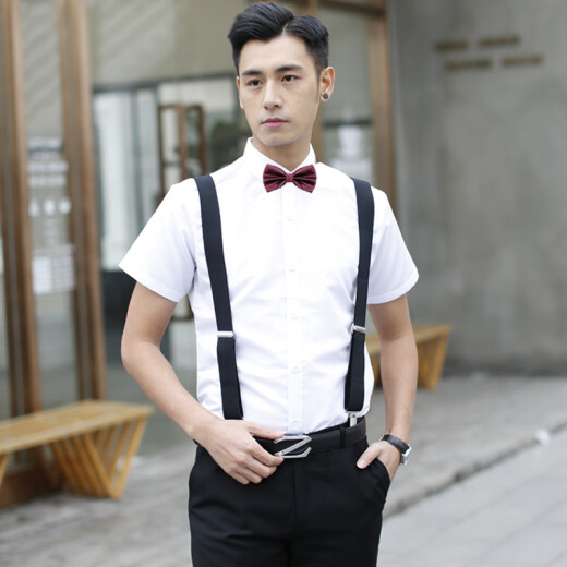 Pugos groomsmen group uniform long-sleeved shirt groom wedding dress brothers group outfit wedding white shirt men's suit white D-sleeve shirt + black trousers + bow tie XL