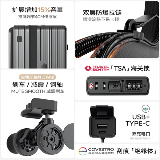 KOSITU German front opening suitcase expandable large capacity 28 inches 26 trolley suitcases 20 carry-on suitcases password suitcase Mineral gray expansion capacity + front opening + brake shock absorber wheel + double-layer explosion-proof zipper 22 inches (carry-on suitcase/1 year if the box is broken and replaced with a new one, a box cover will be provided)