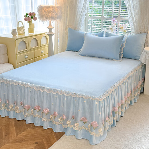 Yalu Class A milk velvet four-piece bed skirt style winter double-sided velvet thickened lace bedspread coral velvet sheet quilt cover Attachment-Baby Blue Class A maternal and infant grade/aesthetic lace design bed skirt style 1.5m four-piece quilt cover 200x230cm