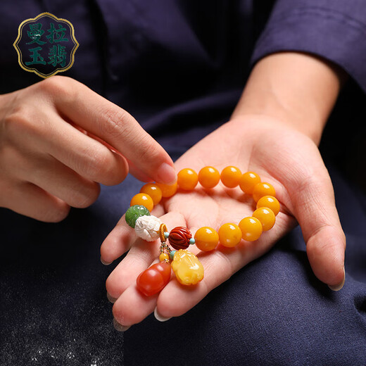 Manla Jade Pei Natural Beeswax Bracelet Female Chicken Oil Yellow Single Circle DIY Bracelet Amber Lucky Small Pixiu Beads 11mm Beeswax Beads About 11mm 13pcs