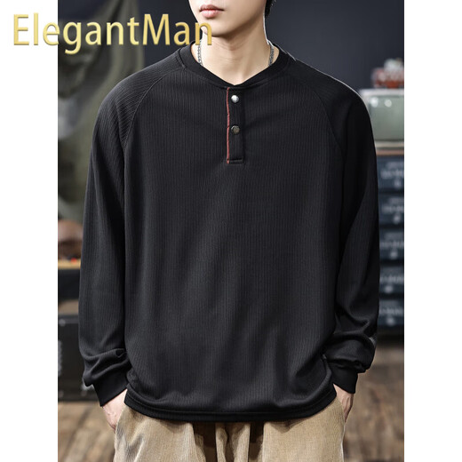 ElegantMan American classic textured striped sweatshirt for men 2025 autumn new loose Henry collar long-sleeved bottoming shirt black M _Suitable_-125Jin Jin is equal to 0.5 kg