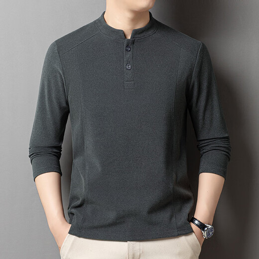 FULEHL autumn and winter double-sided velvet men's Henry collar long-sleeved T-shirt gray M