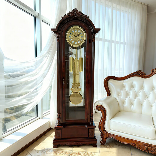 Honghe Tianyuan place solid wood floor clock with official hat for villa living room high-end pendulum clock and hall clock with flowers on the bottom. Mahogany color, basswood, pattern on the base. Polaris upgraded movement 40 days, sledgehammer swing more grand.