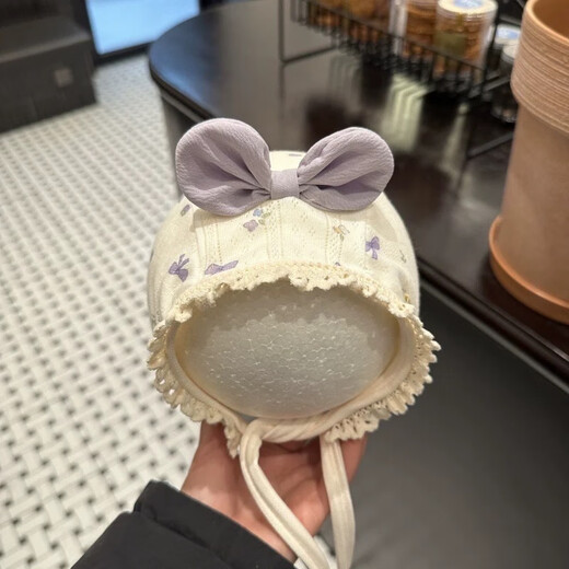 宝宝帽子春秋护耳帽可爱韩版纯棉系带宫廷帽婴幼儿出游包脸帽胎帽 米色_蝴蝶结 170 0-6个月帽围36-40cm_均码