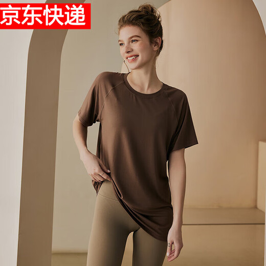 LULULOMDDW yoga top women's loose slimming sports short-sleeved women's Pilates professional fitness running breathable blouse summer brown coffee L