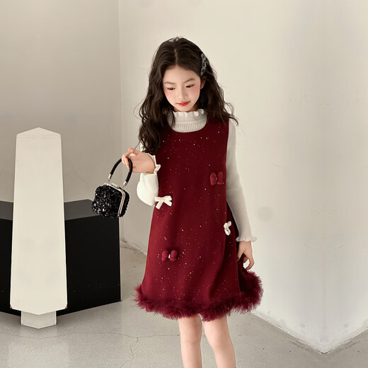 G.duck Little Yellow Duck Girls' Autumn and Winter Plush Woolen Dress Children's Birthday Dress Little Girl's Fashionable Thickened Skirt Black Suit Two-piece Set 160 CM