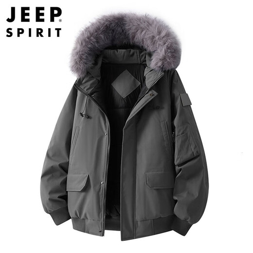 JEEP SPIRIT Jeep American fur collar down jacket men's winter thickened cotton jacket hooded parka jacket men gray XL