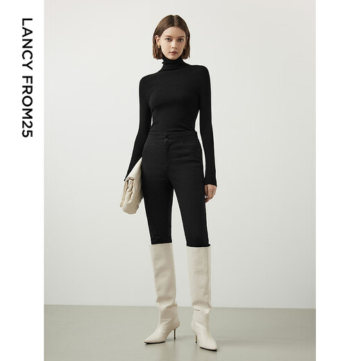 Langzi Qiji Red Wool Basic Wardrobe Pure Wool Wool Sweater Winter New Slim Long Sleeve Sweater Black 2 M