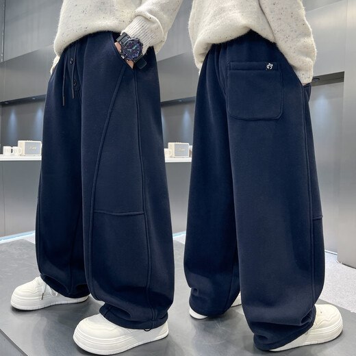 Xiaohongshu popular boys' autumn and winter pants with velvet and thickening 2025 new all-in-one velvet junior high school students winter children blue velvet style cm 120