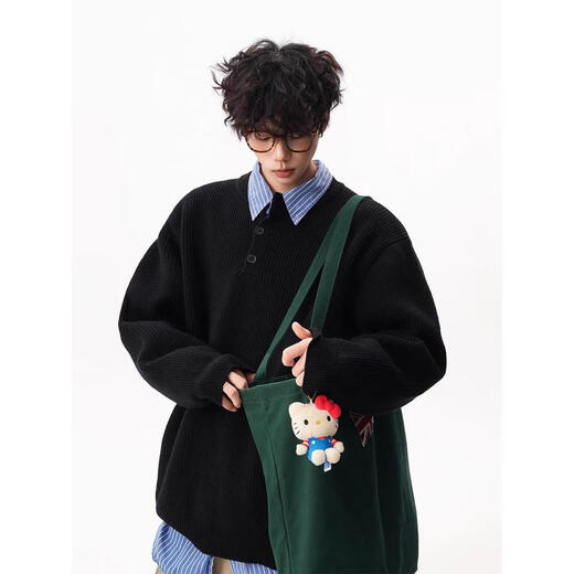 SWAMP AREA American retro Henry collar button sweater for men in winter loose lazy bottoming pullover sweater black upgraded model M