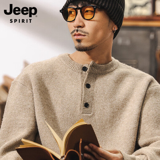 JEEP SPIRIT high-end American retro sweater men's winter new Henry collar 630g heavyweight thickened sheep wool sweater men's khaki 630g heavyweight XL suitable for 145-160Jin Jin equals 0.5 kg