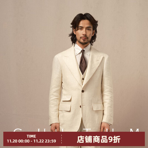 CULTUM 100% French linen peaked lapel single-breasted business suit suit men's groom wedding casual suit single suit ivory white single suit 54 A