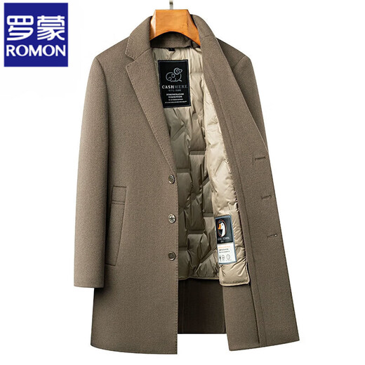 ROMON mid-length double-sided woolen coat men's autumn and winter coat business casual removable goose down lining windbreaker camel removable goose down lining thick XL 180 recommended 145-160 Jin Jin equals 0.5 kg
