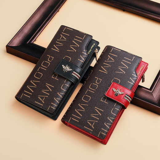 British Paul anti-theft brush wallet for women, long leather wallet, large capacity, multiple card slots, multi-functional clutch bag, female birthday gift, red first-layer cowhide, anti-theft brush, anti-degaussing, wrist strap - 18 card slots