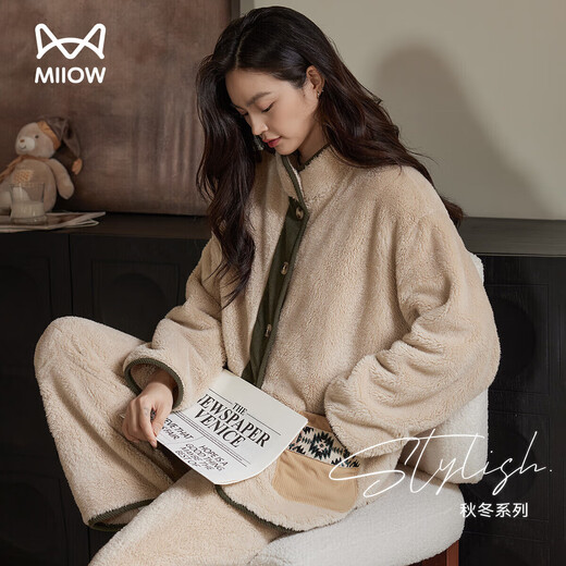 Catman stand-up collar cardigan coral velvet women's pajamas women's winter warm and wearable home wear set 25 years new product