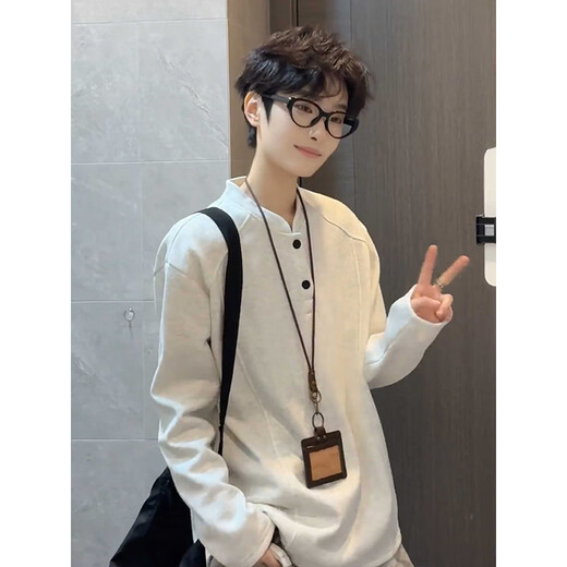 Katuchi plus velvet right shoulder Henry collar POLO shirt deconstructed splicing sweatshirt men's winter trendy brand bomber jacket high street top white gray plus velvet style XL