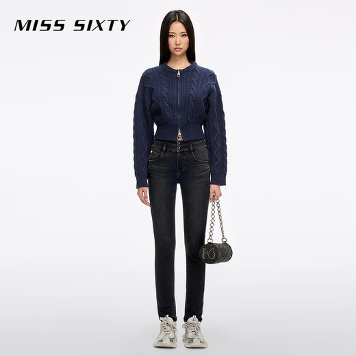MISS SIXTY2025 Winter New Composite Velvet Jeans Women's Double Button Waist Slimming Small Foot Pencil Pants Black Gray 27