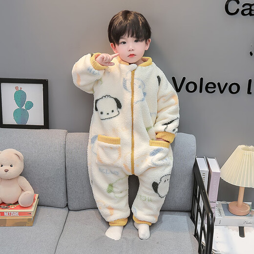 Children's One-piece Pajamas in the Wild and Wild, Autumn and Winter Flannel Thickened One-Year-Old Baby Baby Sleeping Bag, Boy's Coral Velvet Anti-Kick Quilt, Off-White 100cm