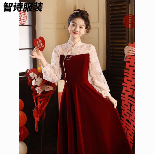Meianjia Toast Wear Bridal New New Chinese Style Slim Fit Velvet Engagement Wedding Dress Dress Burgundy 2XL