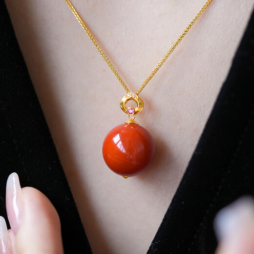 <Heyun>Natural Southern Red Agate Single Bead Pendant Women's Necklace 18K Gold High-end Red Gemstone Jewelry Heyun 14mm Southern Red 18K Gold Pendant with Free Silver Chain (Including Appraisal Certificate)