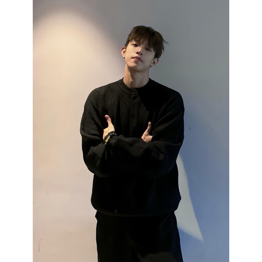 Du Xiaoxian cleanfit Henry collar black sweater men's autumn and winter lazy style long-sleeved Polo shirt right shoulder inner sweater black XL recommended 120-140Jin Jin equals 0.5 kg