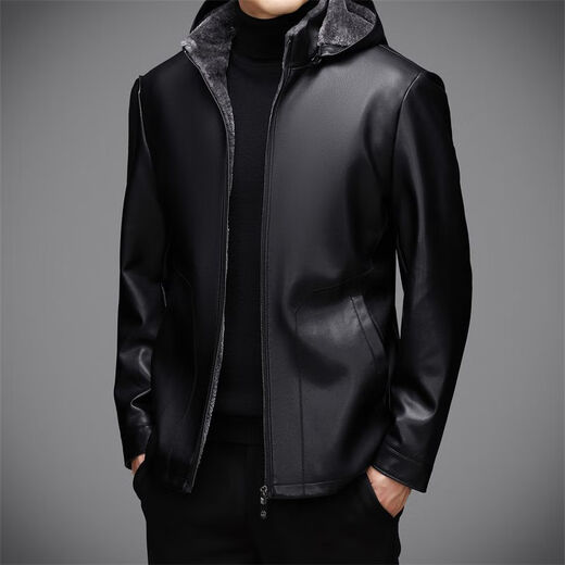 JOEONE 2025 Autumn and Winter Fur One-piece Stand Collar Hooded Leather Jacket Men's Velvet Thickened Casual Leather Jacket Black M