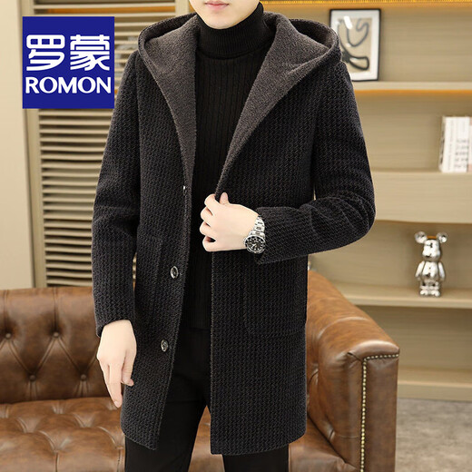 ROMON gold mink hooded woolen coat men's autumn and winter trendy casual mid-length windbreaker jacket thickened woolen coat 2355 gray L about 105-120 Jin Jin equals 0.5 kg can be worn