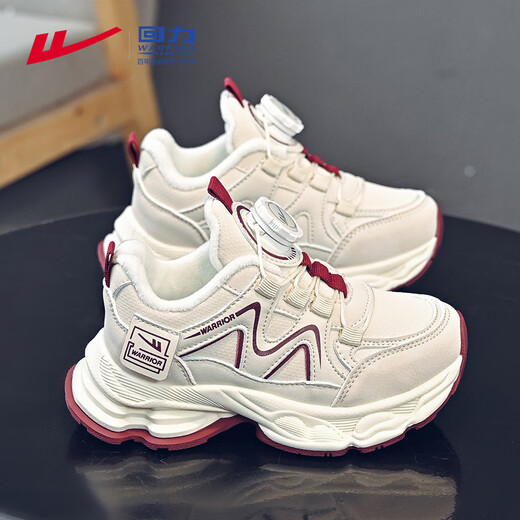 Warrior Children's Shoes Girls Knob Button Sports Dad Shoes Winter Children's Velvet Cotton Shoes WZ-C211L Rice/Burgundy 28